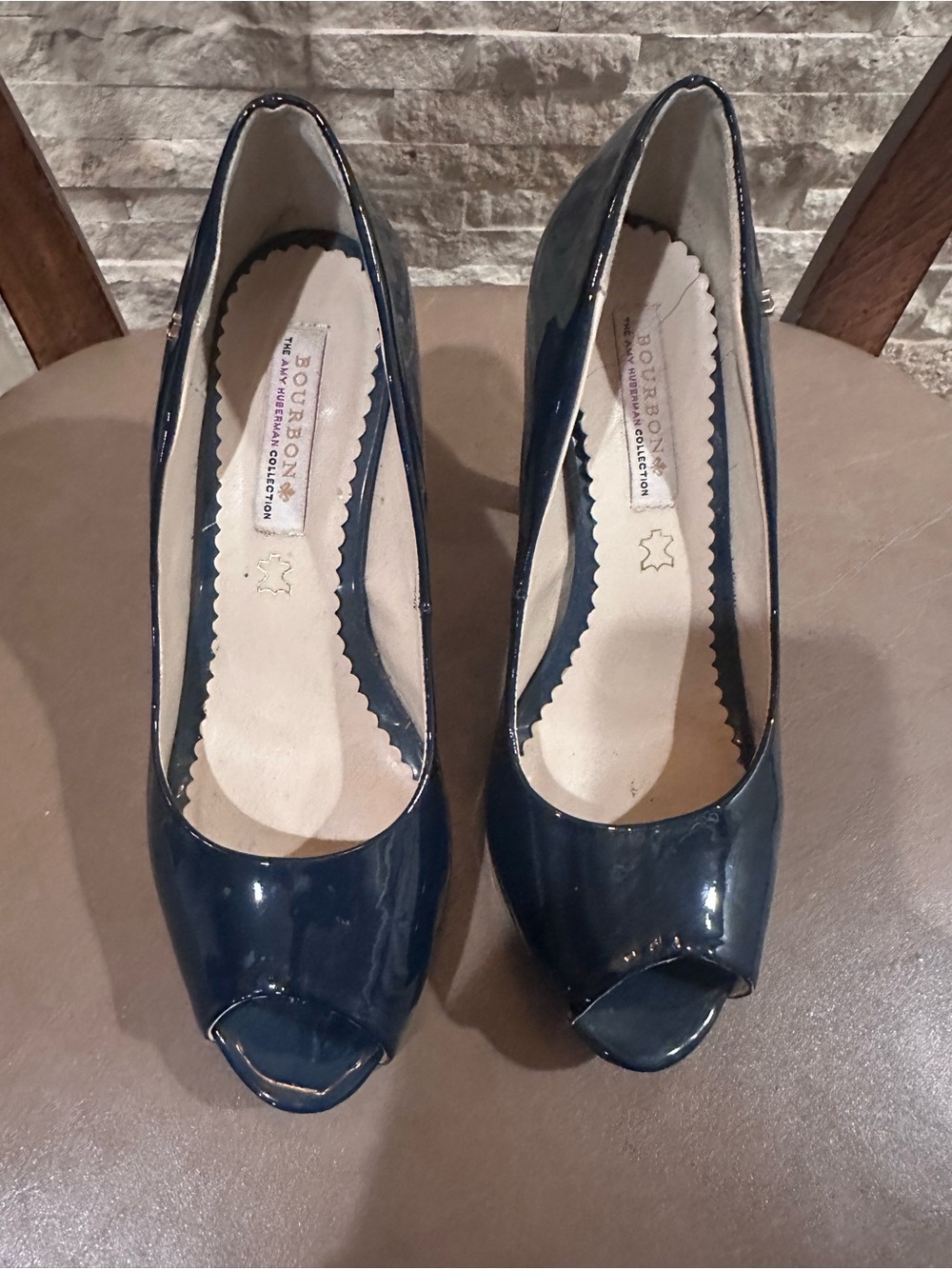 Barbour Navy Patent Peep-Toe Heels